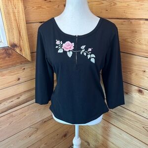 Together Women’s Medium 8-10 Black‎ Top Pink Floral Embroidery Hook eye Cotton